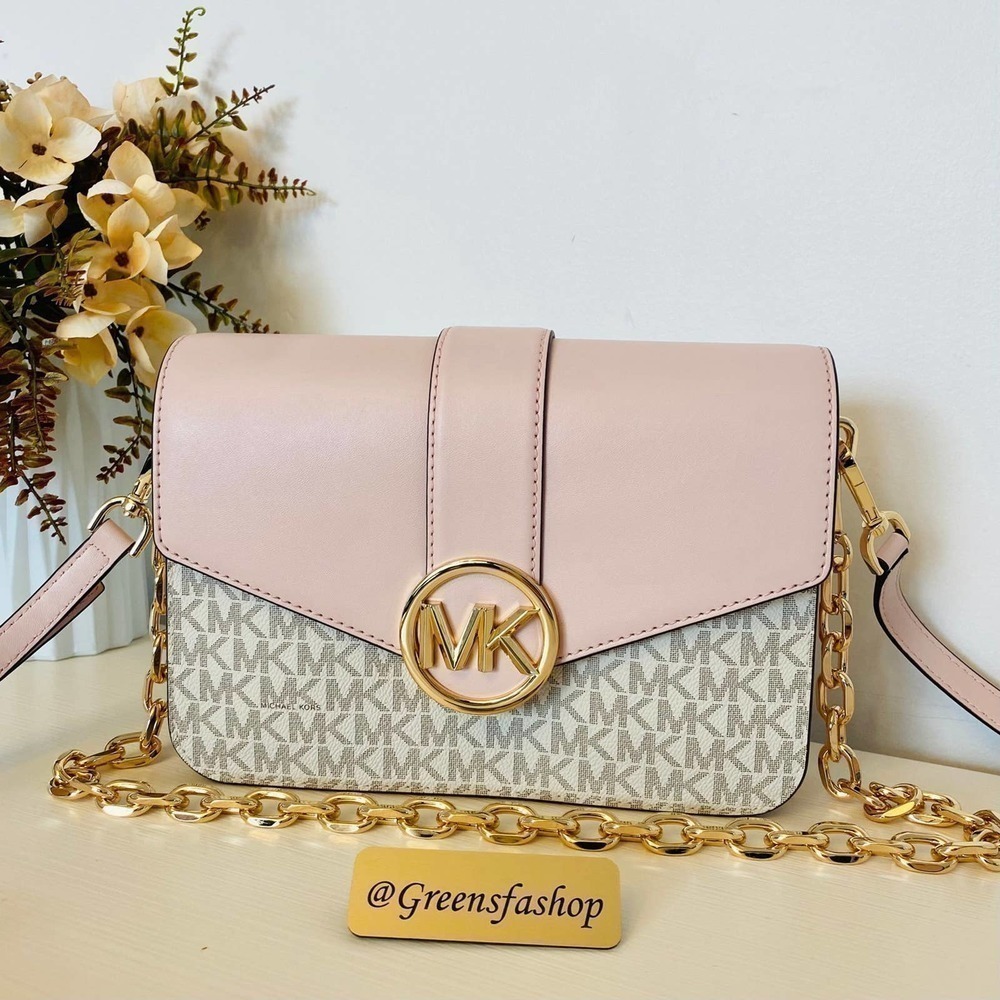 Michael Kors Carmen Medium Monogram Flap Crossbody leather vanilla pink